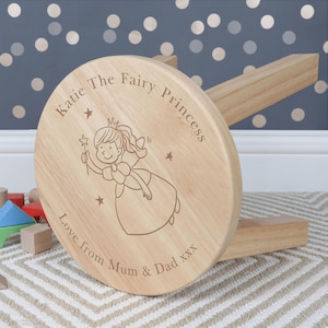 Girls Personalised Wooden Stool, Fairy Princess Design Toddler Stools Christening Baptism Gift Kids Birthday Custom Kids Baby Christmas