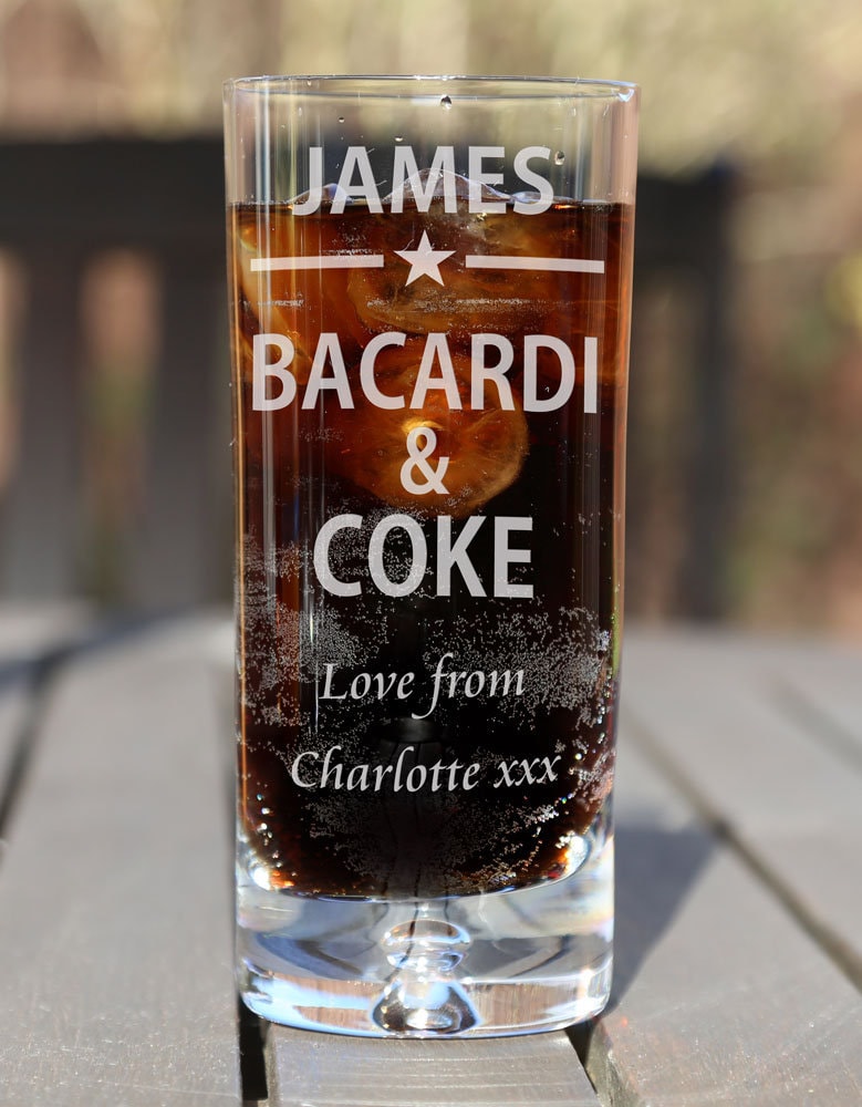 Personalised Engraved Bacardi & Coke Highball Glass Birthday Christmas Retirement Wedding Anniversary Bacardi Lover Hiball Gift Star Design