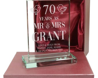 Engraved 70th Platinum Wedding Anniversary Married Couple Gift, Happy 70 Years Marriage Keepsake For Mum Dad Grandma Grandad Nan Papa Gifts