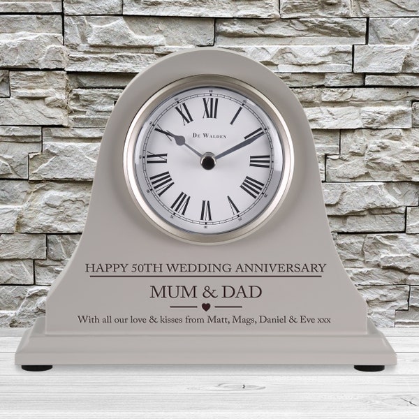 50th Wedding Anniversary couple gift Personalised Engraved Grey Mantel Clock Gold Traditional Golden Marriage Gifts Nan Grandad Mom Dad etc