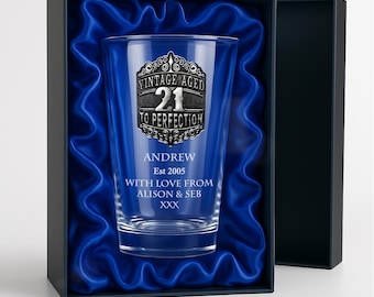 21st Birthday Gift For Men Beer Mug Pint Glass with Handmade Pewter Metal Vintage Feature Personalised Engraved Men's 21 Birthday Gift 580ml