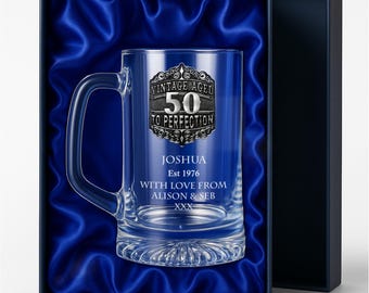 Men's 50th Birthday Beer Mug Glass Tankard with Handmade Pewter Metal Vintage Feature Personalised Engraved Fiftieth Gift Ideas for a Man