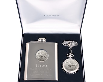 Engraved Horse Racing Feature Men's Pocket Watch and Hip Flask Gift Set in a Quality Box, Boy's Birthday Anniversary Christmas Jockey Gift
