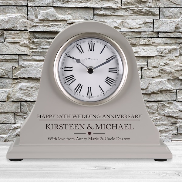 25th Wedding Anniversary couple gift Personalised Engraved Grey Mantel Clock Silver Anniversary Gifts Son Daughter Mum Dad Brother etc