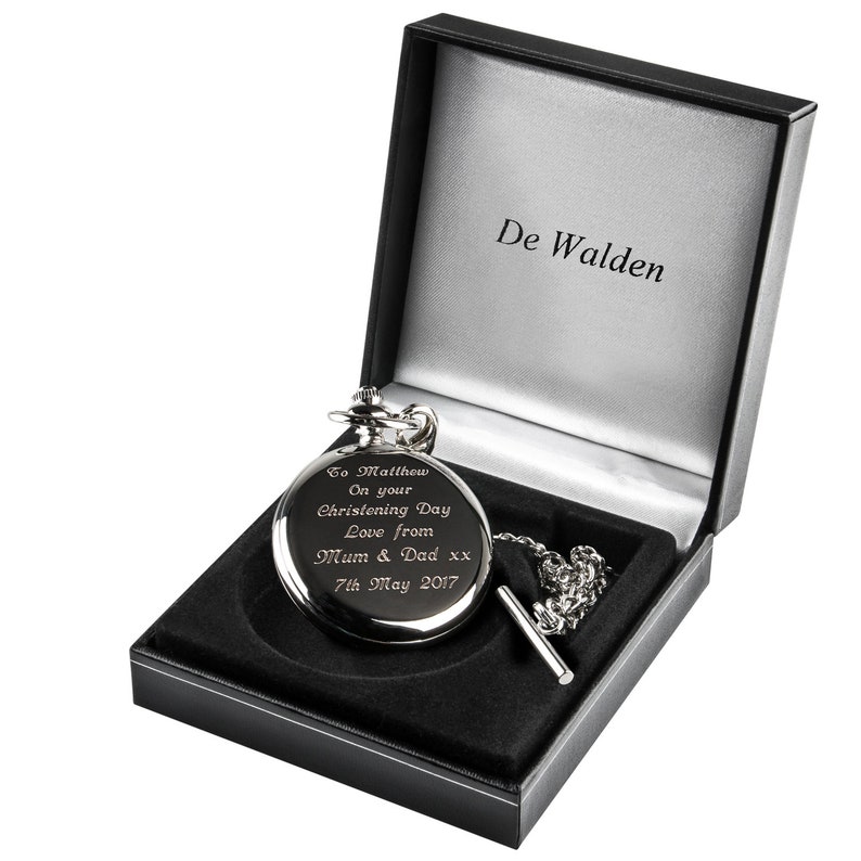 Grandson Christening Pocket Watch Engraved Personalised with St Christopher Pewter Feature in Gift Box Christening Gift Ideas for Grandson image 4