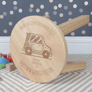 Boys Personalised Car Design Wooden Kids Stool, Toddler Stools For Christening Baptism Newborn Baby Boy Birthday Christmas Children's Gift