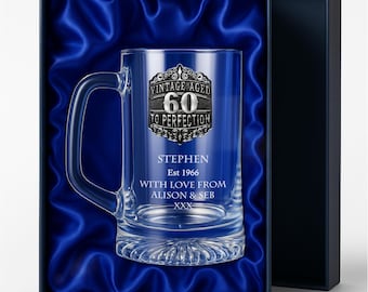 Men's 60th Birthday Beer Mug Glass Tankard with Handmade Pewter Metal Vintage Feature Personalised Engraved 60 Gift Ideas for Men Sixtieth