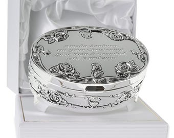 Girls Christening Gift - Personalised Silver Plated Trinket Box Engraved Goddaughter Baptism Keepsake Baby Girl Naming Day Jewellery Box