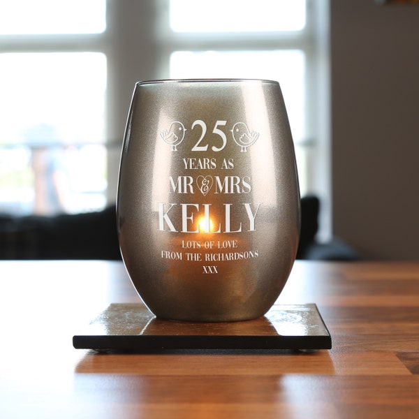 Engraved 25th Wedding Anniversary Tea Light Candle Holder Personalised Gift Idea Personalized for Him & Her with 8hr burn Tealight included