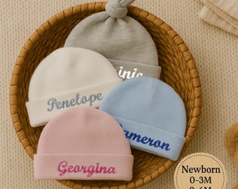 Personalised Baby Hat – Embroidered Babies Beanie, Newborn Knotted Cotton Hat, Custom Name Hat, Baby Shower Gift, Boys and Girls Keepsake