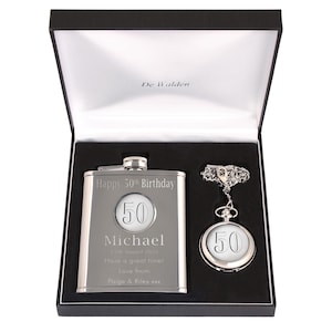 Ensemble cadeau 50e anniversaire gravé pour homme, montre de poche et flasque pour homme dans une boîte de qualité, cadeaux 50e anniversaire garçon pour lui 50 cadeaux