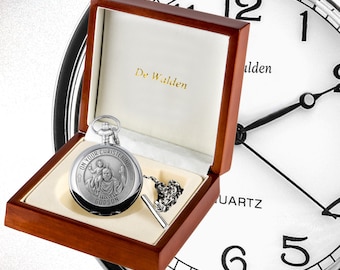 Godson Christening Pocket Watch Engraved with St Christopher Pewter Feature in a Luxury Wooden Box Christening Gift Ideas for Godson