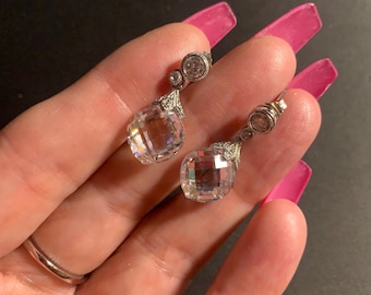 Vintage, elegant, clear, large crystal quartz earrings featuring cubic zirconia stones in sterling silver