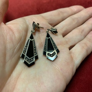 Vintage Art Deco style onyx and marcasite drop pierced earrings