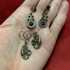 Two pairs of vintage sterling silver earrings Garnet an amethyst stones ear wire and post back