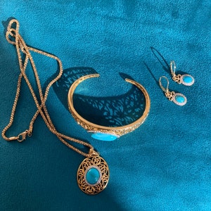 Lovely vintage set cuff bracelet pierced lever back earrings and pendant featuring CZ stones and turquoise in gold Vermeil