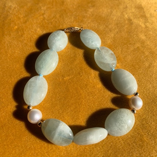 Vintage raw aquamarine and pearl with 14k gold beaded bracelet shops with 14k gold clasp