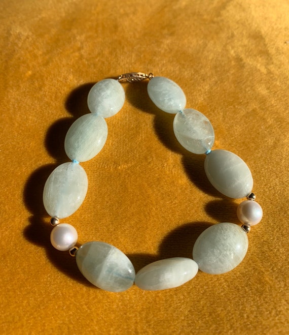 Vintage raw aquamarine and pearl with 14k gold bea