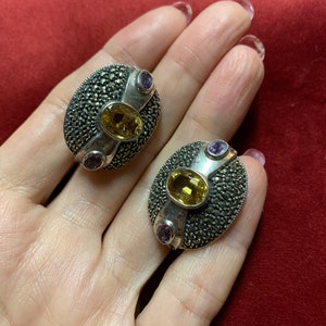 Stunning large pierced lever back statement earrings in sterling silver with citrine and amethyst stones