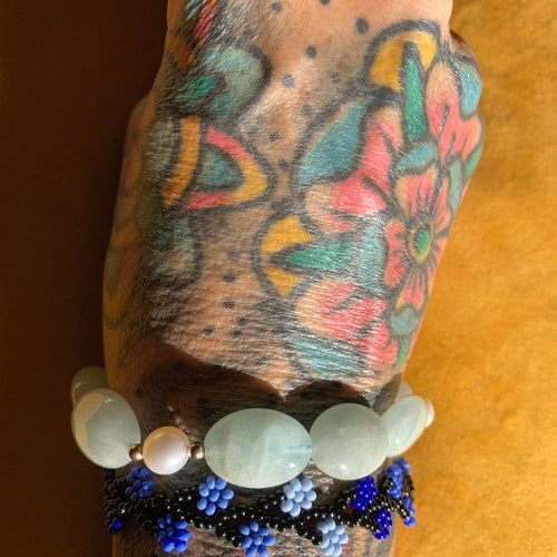 Vintage raw aquamarine and pearl with 14k gold beaded bracelet shops with 14k gold clasp