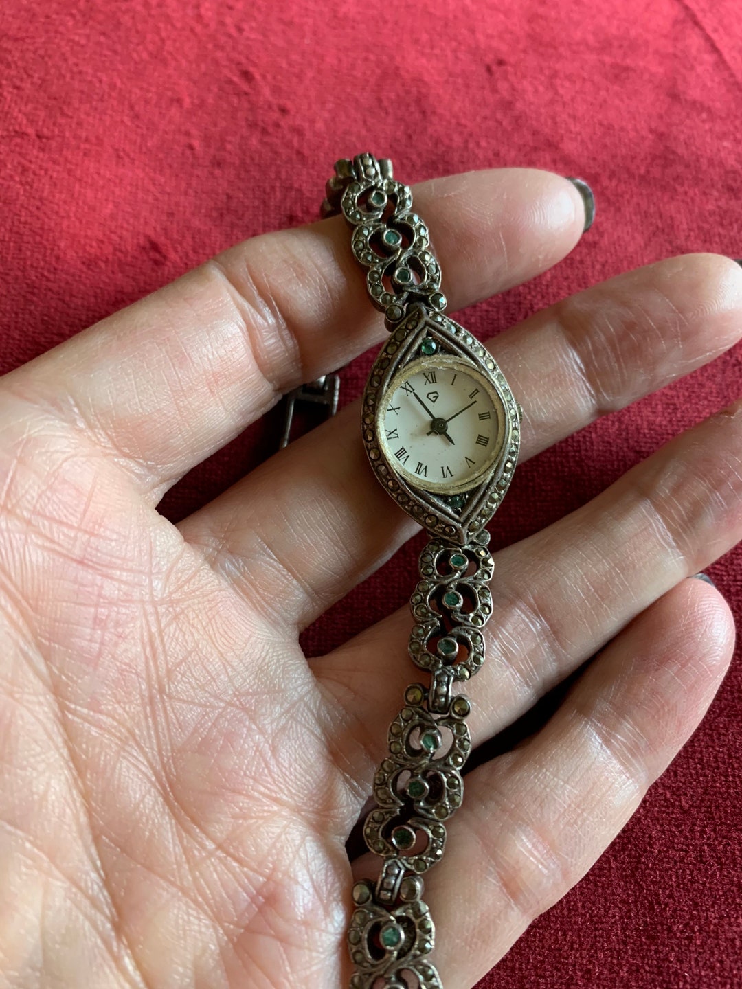 Estate Sterling Silver Link Marcasite and Emerald Watch - Etsy display picture 3