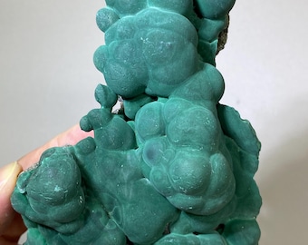 May include: A vibrant, teal-colored malachite specimen. The mineral displays a botryoidal formation, with rounded, bubbly structures. The surface has a slightly textured appearance, with variations in the teal hue. The specimen is a natural, unpolished gemstone.
