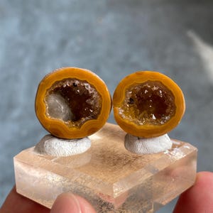 以下が含まれることがあります： 鮮やかなオレンジ色の縞模様の外層を持つ2つの円形のアゲート結節。中心部は空洞で、きらめく半透明の結晶構造で満たされています。各標本は、展示用に小さな白い質感のある台座に取り付けられています。