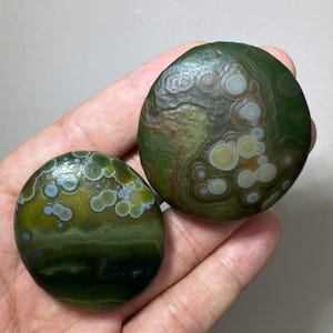 May include: Two circular, polished orbicular jasper stones featuring deep forest green and olive green tones. The surfaces are decorated with natural, concentric circular patterns in shades of pale blue, cream, and tan, creating a distinct spotted appearance.