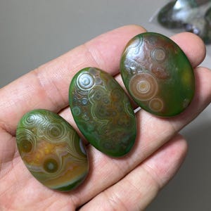 Könnte beinhalten: Drei polierte, ovale Cabochons mit einer grünen Grundfarbe und komplexen, konzentrischen kreisförmigen Mustern in Braun-, Beige- und Cremetönen. Diese glatten, abgerundeten Steine weisen natürliche Bänderungen und kreisförmige Formationen auf.