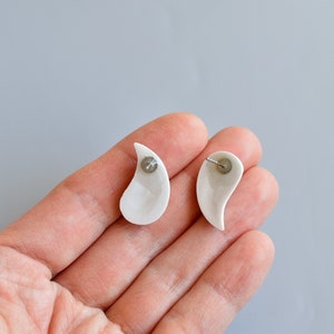 Porcelain earrings leaf, Porcelain earrings, Ceramic teardrop earrings, White earrings stud, ceramic earrings stud, minimalist jewellery image 5