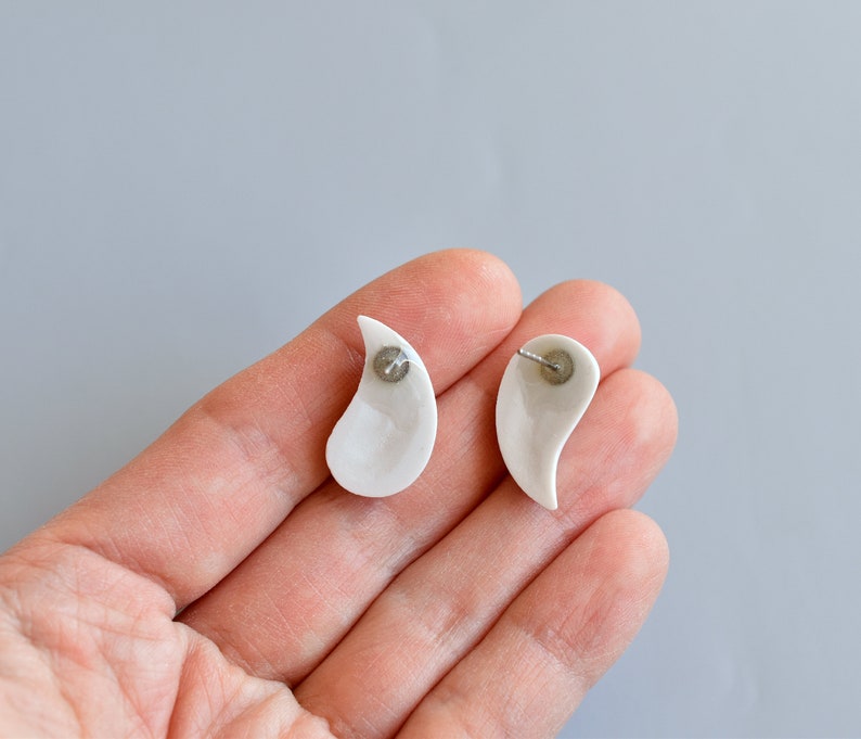 Porcelain earrings leaf, Porcelain earrings, Ceramic teardrop earrings, White earrings stud, ceramic earrings stud, minimalist jewellery image 5