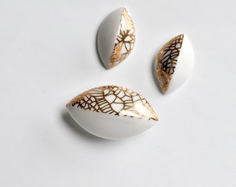 Porcelain set brooch earrings, Golden earrings leaf, Porcelain earrings, Ceramic teardrop earrings, Drop stud earrings, Gold plated brooch