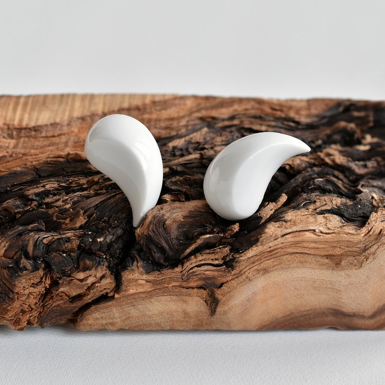 Porcelain earrings leaf, Porcelain earrings, Ceramic teardrop earrings, White earrings stud, ceramic earrings stud, minimalist jewellery image 2