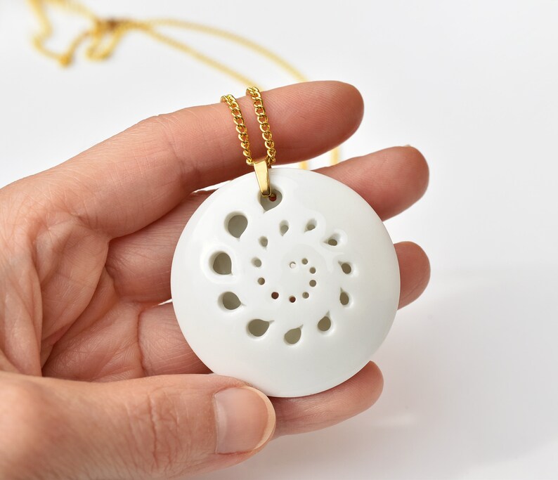 Spiral necklace gold porcelain pendant necklace Circle pendant Hand-cut porcelain pendant Wedding necklace ceramic gold necklace image 3