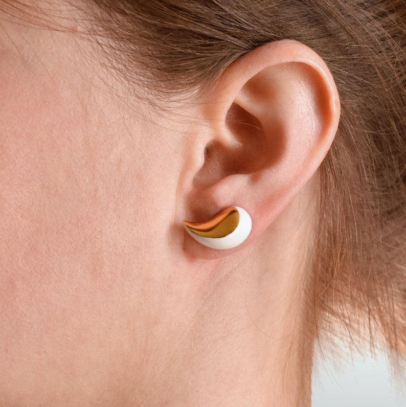 Jewelry set brooch earrings, Golden earrings leaf, Porcelain earrings, Ceramic teardrop earrings, Drop stud earrings, Gold plated brooch image 3