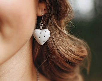Porcelain heart earring, Heart earrings, White heart, Porcelain earrings dangle, Heart earrings dangle, Wedding earrings, Romantic earrings