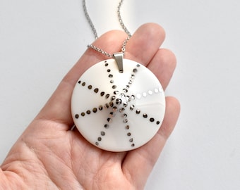 Porcelain pendant necklace - Shiny necklace - Platinum necklace for women - White porcelain necklace - Big pendant necklace - Sun necklace
