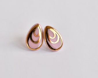 Gold teardrop earrings, Pink porcelain earrings, Teardrops, Golden earrings, Ceramic teardrop earrings,Drop stud earrings,Porcelain jewelry
