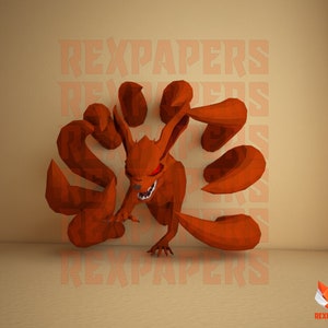 Könnte beinhalten: Ein roter Origami-Fuchs mit neun Schwänzen, der auf einer hellbraunen Oberfläche steht. Der Fuchs hat rote Augen und einen bedrohlichen Ausdruck. Der Hintergrund ist eine hellbraune Wand mit dem Text "REXPAPERS", der mehrmals wiederholt wird.