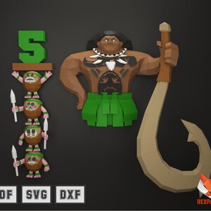 Può includere: Un modello di carta di Maui dal film Disney Moana. Il modello è realizzato in carta marrone, verde e nera e presenta un grande uncino. Il modello è etichettato con il numero "5".