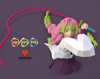 以下が含まれることがあります： ピンクと緑の折り紙でできた女性キャラクターの折り紙ペーパークラフト。白いシャツと紫のスカートを着て、右手にピンクの剣を持っている。背景は濃い紫の色です。