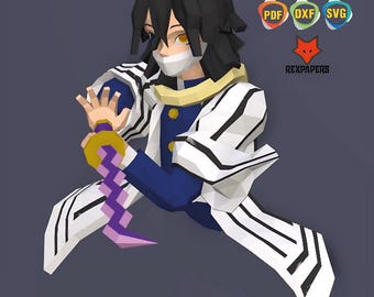以下が含まれることがあります： 黒髪のキャラクターのペーパークラフトモデル。白と黒のストライプのコート、青いシャツ、黄色のスカーフを着用しています。キャラクターは紫と金の剣を持っています。