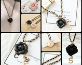 Handmade chain Leather long Necklace Camellia Lipstick Charm Pendant Pearl Necklace Letter No.5 style pendant accesorized