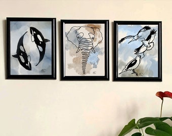 ANIMAL WALL ART - Printable Digital Artwork - Elephant Birds Whale Print Art Set Of 3 - Safari Nursery Décor - Wall Décor Art