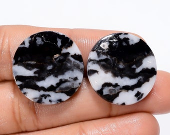 Marvellous Top Grade Quality 100% Natural Black Zebra Jasper Round Shape Cabochon Gemstone Pair For Making Earrings 38 Ct 21X21X3mm BS-29474