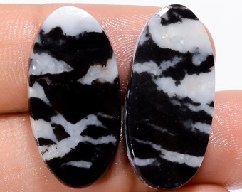 Awesome Top Grade Quality 100% Natural Black Zebra Jasper Oval Shape Cabochon Gemstone 2 Pcs For Making Jewelry 28 Ct 24X12 25X11mm BS-29463