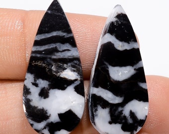 Supreme A One Quality 100% Natural Black Zebra Jasper Pear Shape Cabochon Gemstone 2 Pcs For Making Jewelry 30.5 Ct. 28X12 29X12 mm BS-29455
