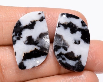 Dazzling Top Grade Quality 100% Natural Black Zebra Jasper Fancy Shape Cabochon Gemstone Pair For Making Earrings 26 Ct. 23X14X3 mm SB-29515