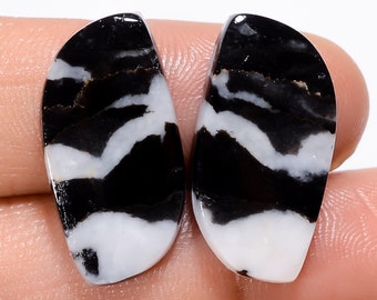 Awesome Top Grade Quality 100% Natural Black Zebra Jasper Fancy Shape Cabochon Gemstone Pair For Making Earrings 23.5 Ct 23X11X3 mm BS-29512