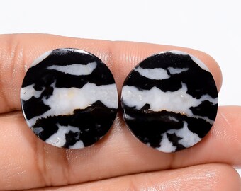 Fantastic Top Grade Quality 100% Natural Black Zebra Jasper Round Shape Cabochon Gemstone Pair For Making Earrings 35.5 Ct 21X21X3mm SB29518